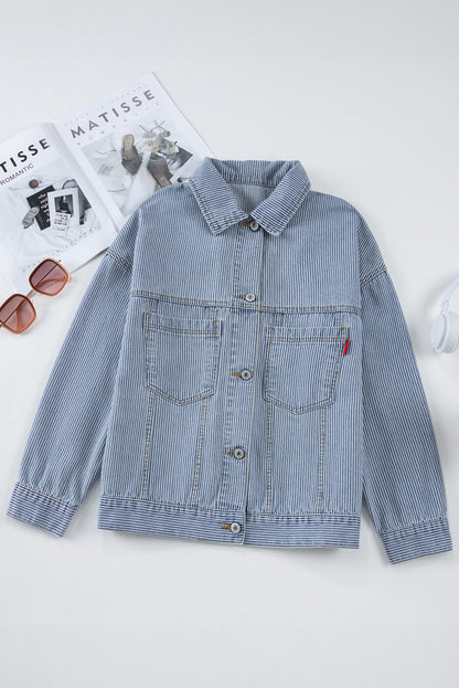 Blue Stripe Washed Oversize Pocketed Denim Jacket