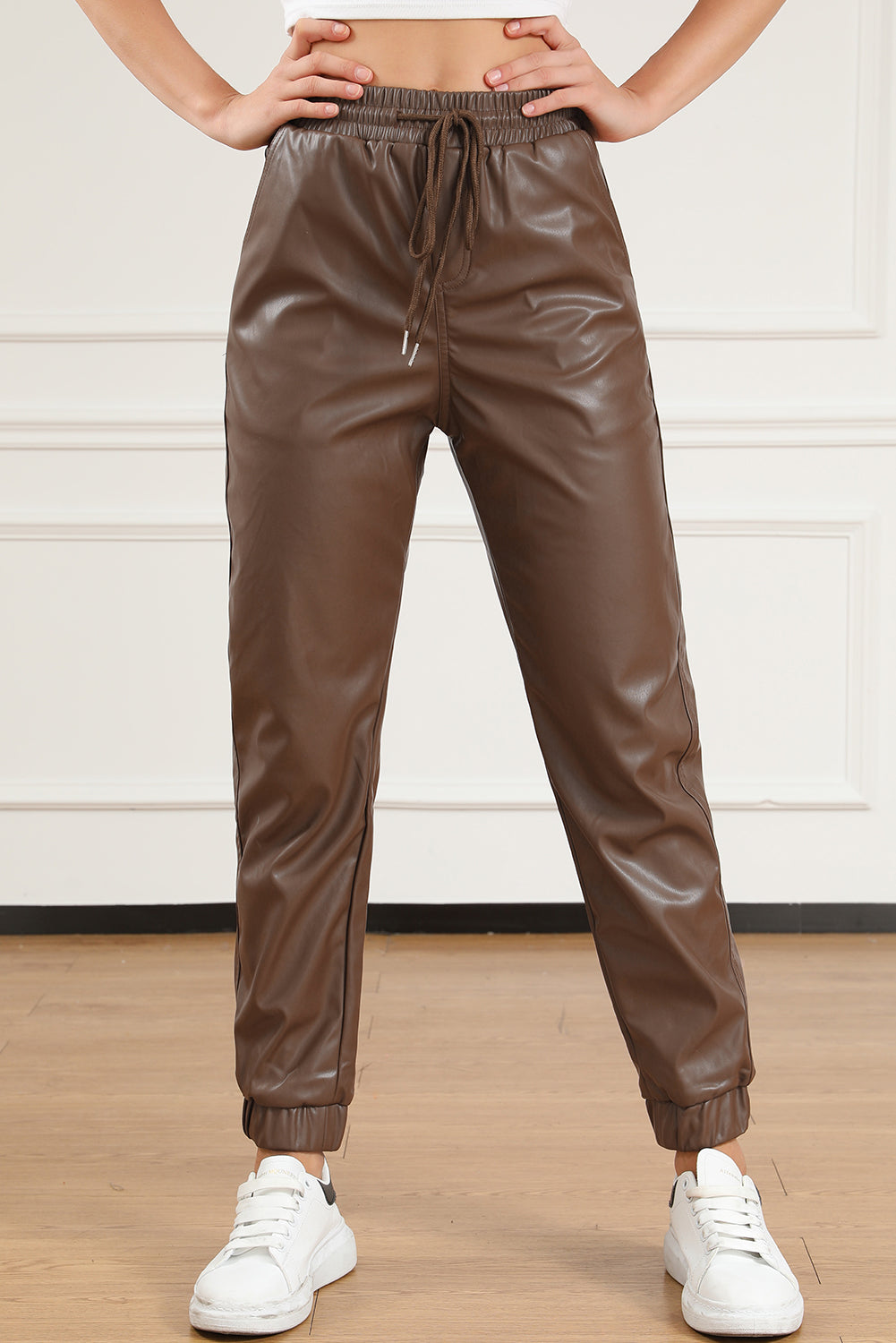 Brown Leather Tie Waist Jogger Pants