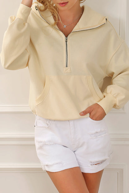 Yellow Ribbed Trim Kangaroo Pocket Zipped Hoodie