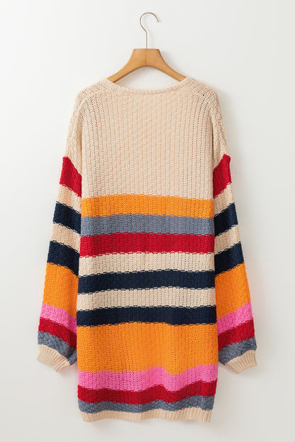 Stripes Knitted Balloon Sleeve Open Cardigan