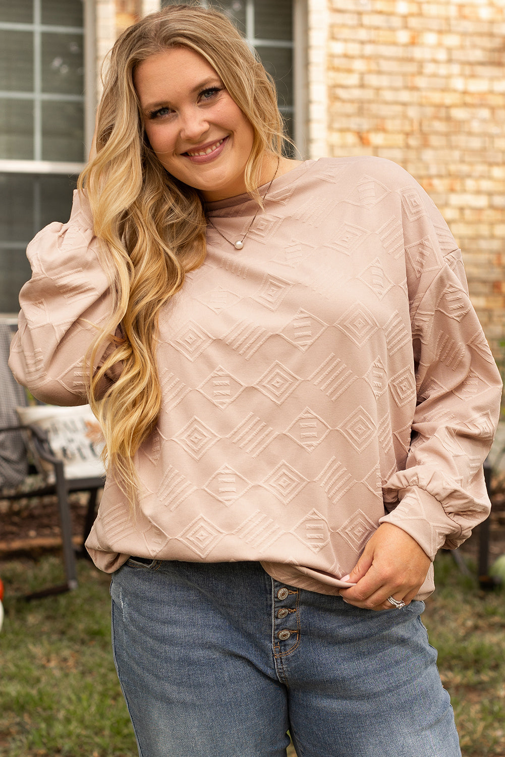 Parchment Plus Size Textured Drop Shoulder Crew Neck Sweatshirt