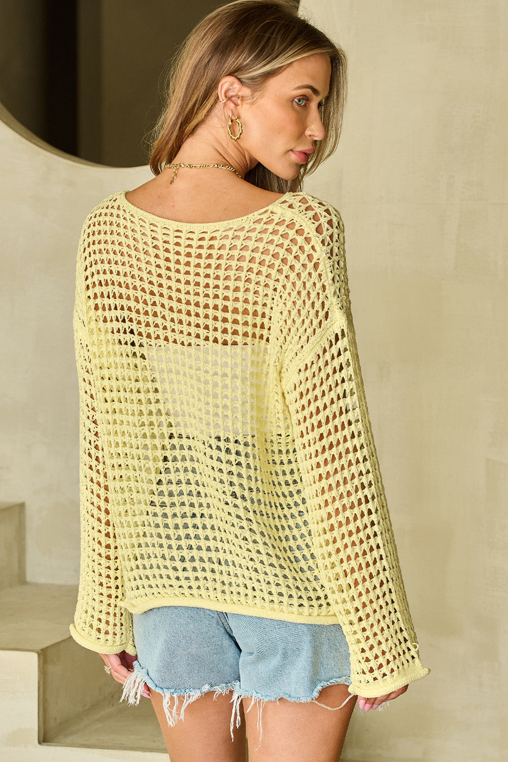 Yellow Open Knit Crochet Bell Sleeve Tunic Sweater