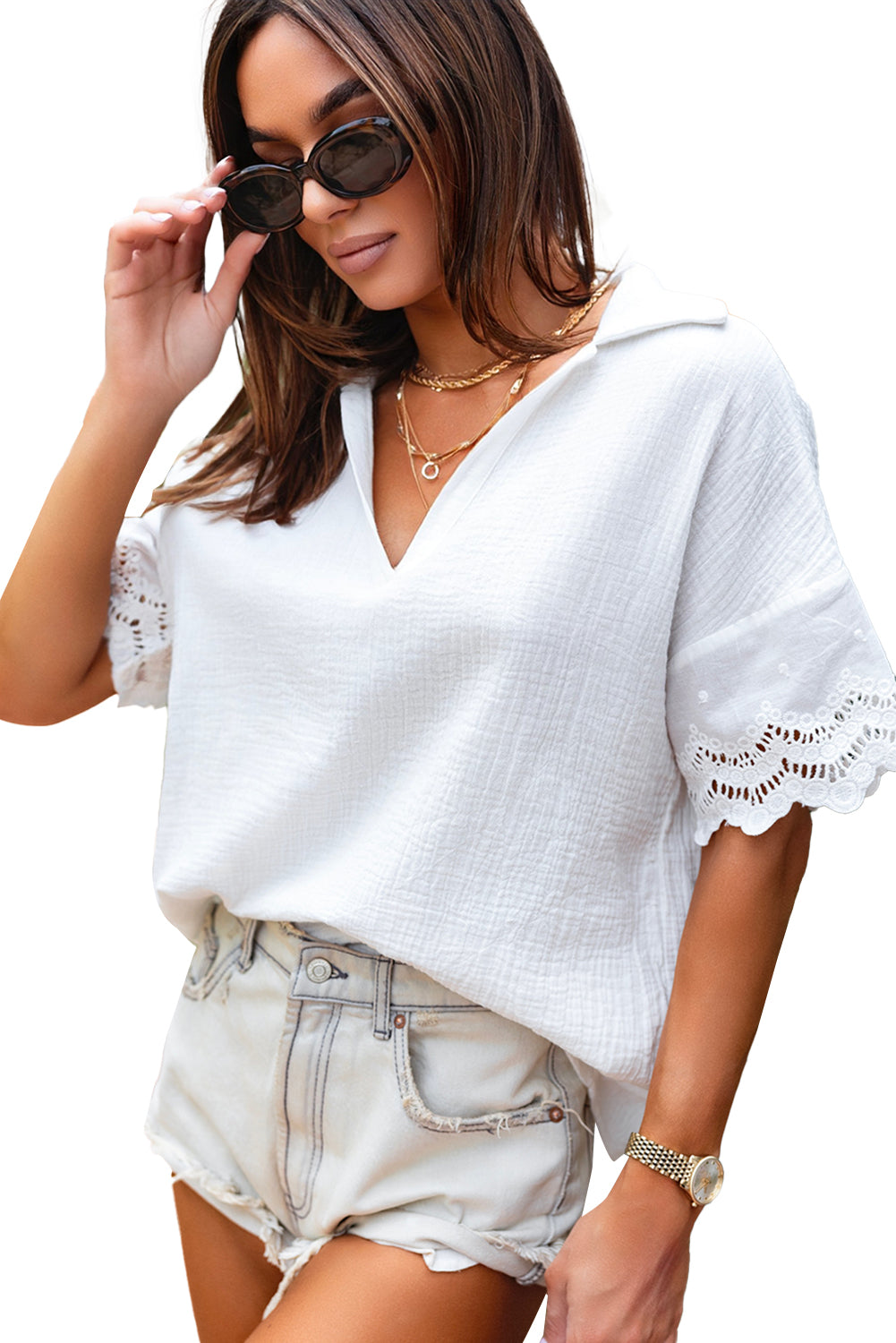 White Crinkled Lace Splicing Sleeve Collared V Neck Blouse