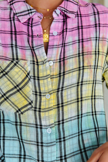 Camisa xadrez multicolorida com botões tie-dye