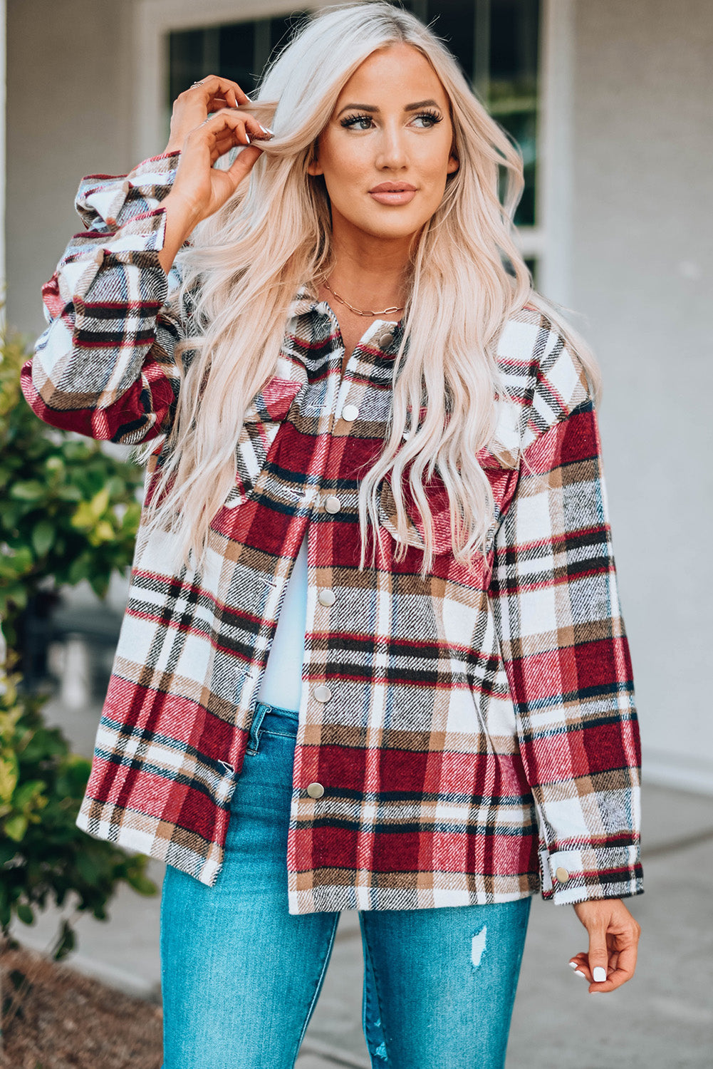 Pink Geometric Plaid Print Pocketed Shacket