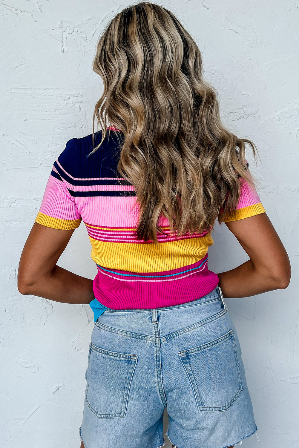 Pink Mixed Stripes Ribbed Knit Top