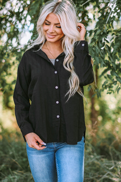 Blue Textured Buttoned Pocket Long Sleeve Shirt