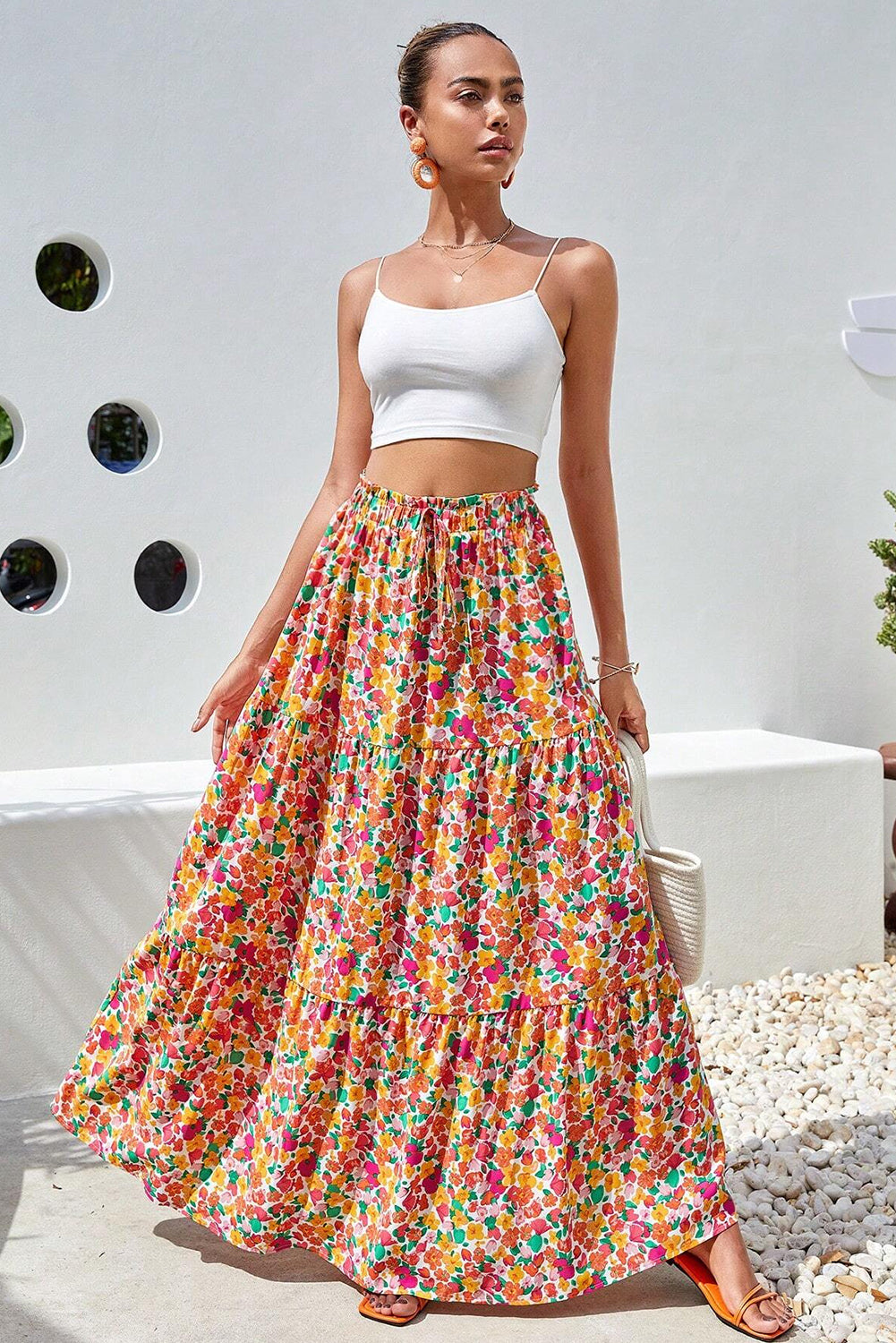 Saia longa em camadas com estampa floral Boho amarela