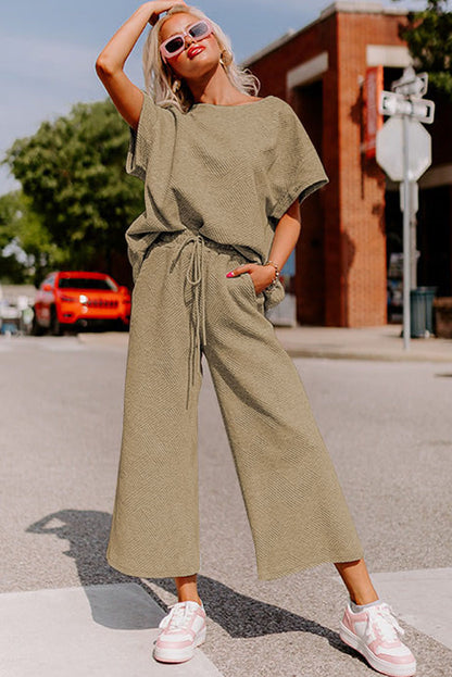 White Textured Loose Fit T Shirt and Drawstring Pants Set