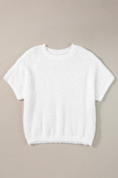 White Fuzzy Eyelet Knitted Sweater T-shirt