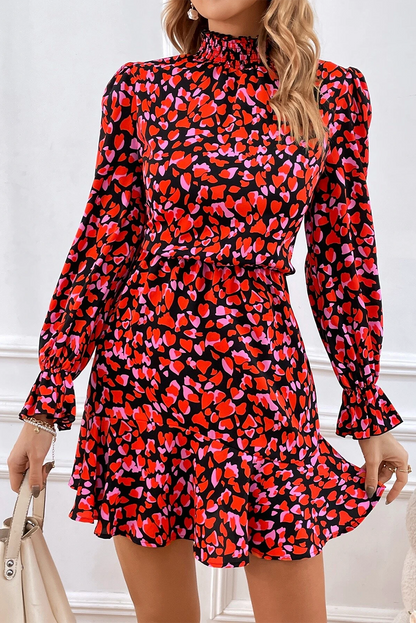 Red Valentines Day Heart Shape Print Long Sleeve Mini Dress - Posh Discount