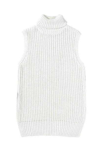 White Turtleneck Knitted Slit Hem Sweater Vest